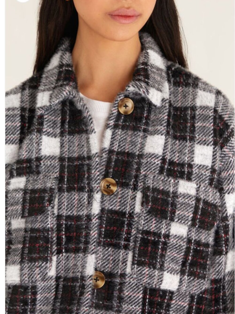 Z Supply Plaid Tucker Jacket Fuzzy Sweater Texture White Gray Black Red Casual S - Picture 3 of 16
